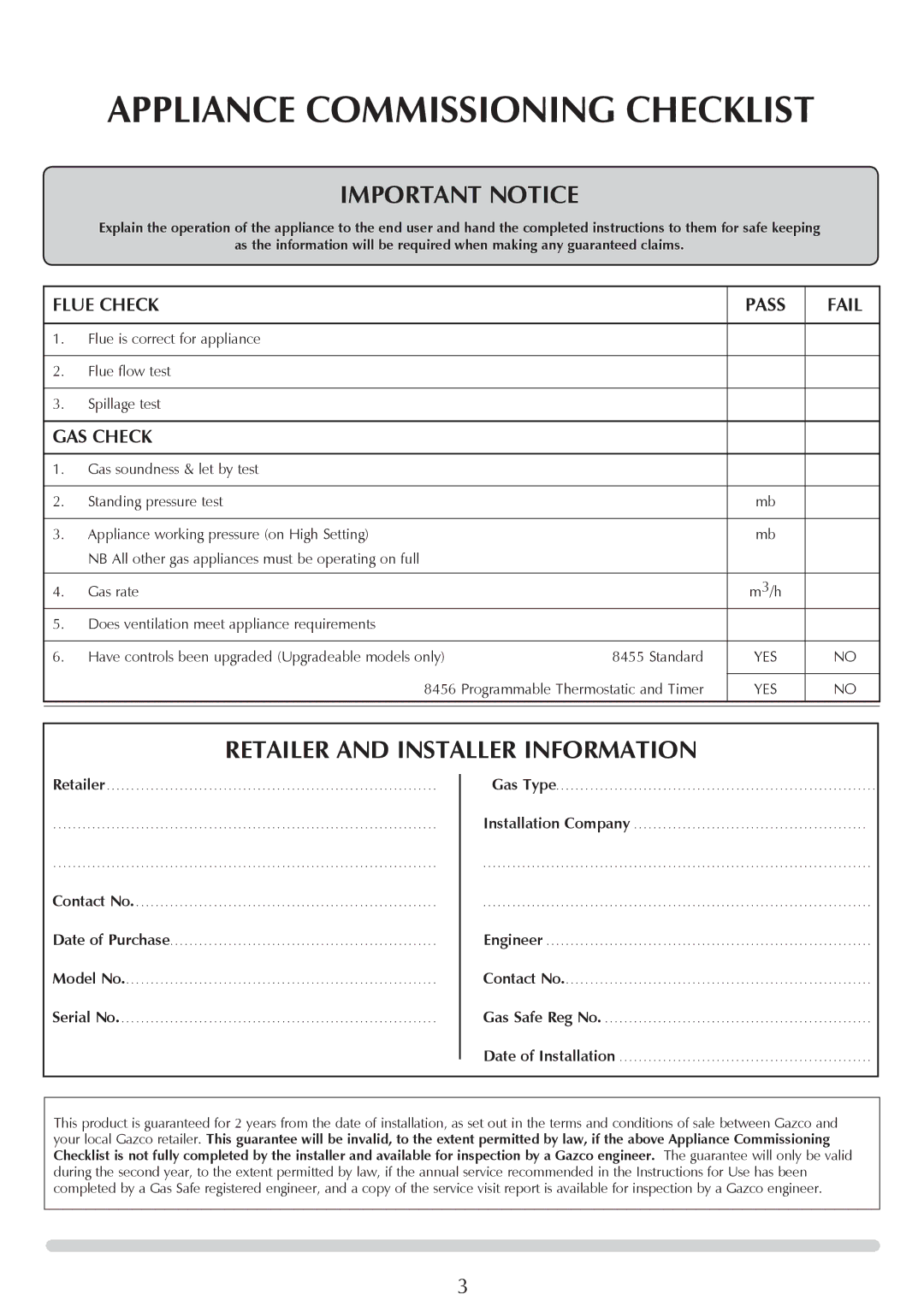 Yeoman PR1145 instruction manual Appliance Commissioning Checklist, Flue Check, Pass Fail, Gas Check 